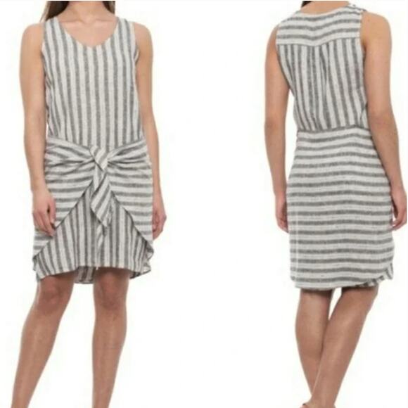 Drew Linen Morgan Striped Grey/Black Dress Wrap Knot Front Cottage Womens Medium - Picture 1 of 6
